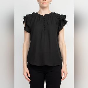 Zac & Rachel Women's Neck Tiered Cap Sleeve Button Front Solid Crepe Top Large